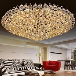 KALRI Round Crystal Chandelier Light, Modern Flush Mount Ceiling Light Fixture with Silver Metal Base Remote Pendant Lamp for Dining Living Room Bar Shop, 9 E12 Bulbs Required (Dia 23.6)