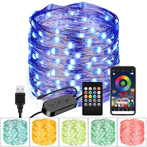 Moobibear 33FT RGB String Light, Bluetooth App Controlled 100 LED USB Fairy Light, Multi Color Changing Flexible Light with 20-Key Remote Control for Home Bedroom Patio Party Wedding Festivals