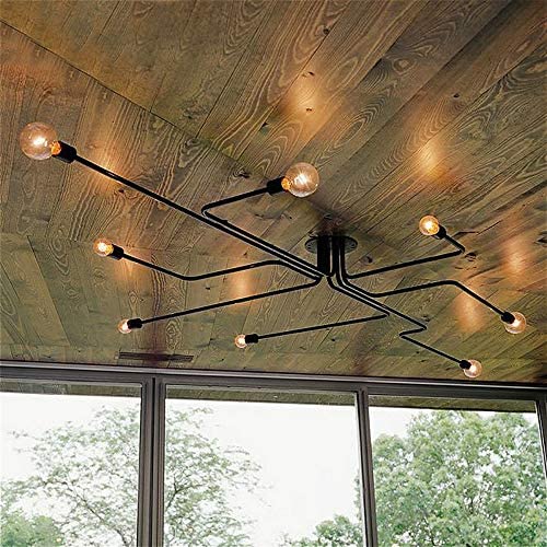 SUSUO Lighting Edison Style Simplicity Close to Ceiling Chandelier Wrought Iron Flushmount Linear Ceiling Light for Living Room,Kitchen,Dining Room - Black Finish,8 Heads