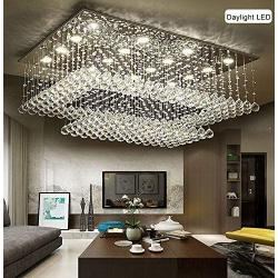 SILJOY Modern Contemporary Crystal Rectangular Chandelier Flush Mount Ceiling Lighting Fixture for Living Room, Height 14''x Length 36''x Width 24''