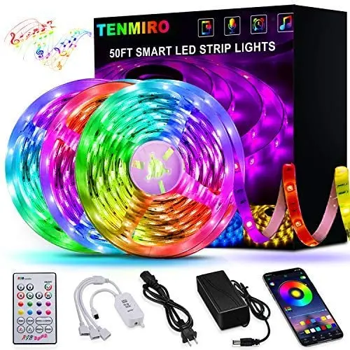 50ft Led Strip Lights, Tenmiro Smart Led Lights Strip Music Sync Color Changing Lights App Control and 23keys Remote, Led Lights for Bedroom Party Home Decoration