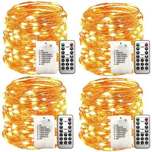 WSgift 4 Pack 33Ft 100 Warm White Led Fairy Lights Battery Operated with Remote Control Timer Waterproof Silver Copper Wire Twinkle Lights for Bedroom Indoor Outdoor Wedding Dorm Christmas Decorations