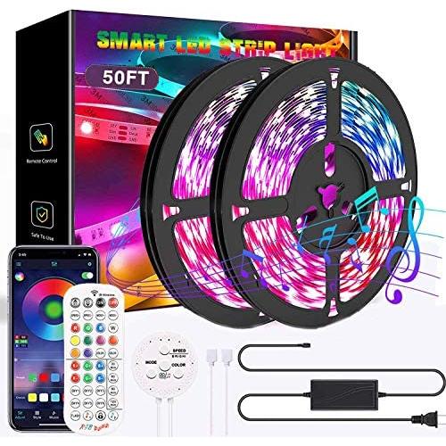 50ft LED Strip Lights with Remote Music Sync LED Lights for Bedroom App Control Color Changing SMD5050 RGB LED Light Strips for Bedroom, Desk, Dorm, TV, Rooms(APP+Remote+Mic+Button Switch)