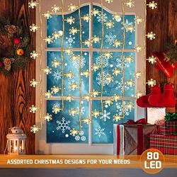 Chiachi 2 Pack Christmas Lights,Snowflake String Lights 40 ft 80 LED Fairy Lights with 36 Pcs Snowflakes Window clings Operated Waterproof for Bedroom Xmas Indoor Outdoor Party Supplies (Warm Light)