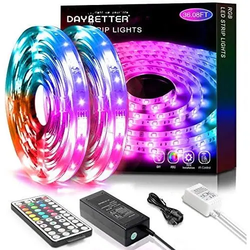 Daybetter 36.08ft Led Lights for Bedroom 11m with Remote and Power Supply Flexible Color Changing RGB Led Light Strips（2 Rolls of 18.04ft）