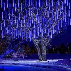 Kwaiffeo Falling Rain Lights, Christmas Lights Outdoor Meteor Shower Lights 12 inch 8 Tube Rain Falling Icicle Cascading Lights for Xmas Tree Halloween Decoration Wedding Party, UL Plug Blue