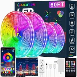 Led Strip Lights,60ft Led Light Strip Music Sync Color Changing RGB Led Strip Built-in Mic,Bluetooth App Control LED Tape Lights with Remote,5050 RGB Rope Light Strips (APP+Remote+Mic+3 Button)