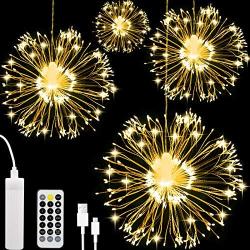 AXUAN 4 Pack LED Firework Light, USB Rechargeable Battery Operated Hanging Waterproof String Light, 8 Modes Starburst Fairy Light with Remote, Decorative for Christmas Party Home Garden Wedding