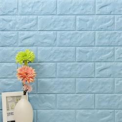 QIHANG Self Adhesive Waterproof Brick PE Wallpapers 3D Wall Sticker Living Room Wallpaper Mural Bedroom TV Background Decorative Stickers (Light Blue)