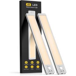 Under Cabinet Lights, 40 LED Rechargeable Battery Operated Motion Sensor Light Indoor, 2 Pack Magnetic Dimmable Closet Lights, Wireless Under Counter Lights for Kitchen, Stairs
