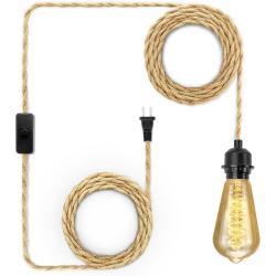 Plug in Pendant Light Cord, Farmhouse Hanging Lights with Plug in Cord, 15FT Hemp Rope Plugin Hanging Light Cord Kit with On/Off Switch, E26 E27 Light SocketCord for HangingLight