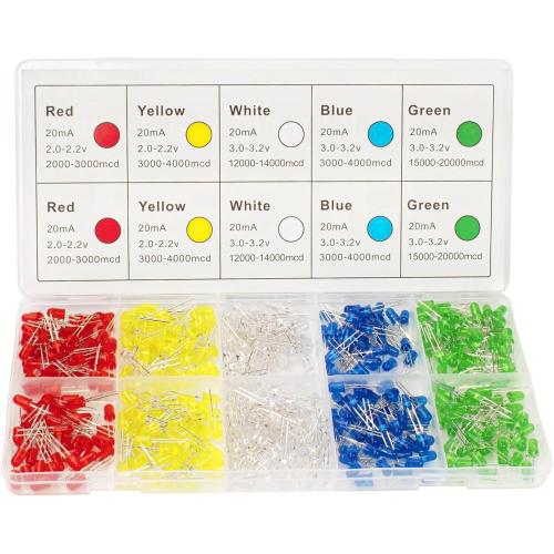 DiCUNO 450pcs (5 Colors x 90pcs) 5mm LED Light Emitting Diode Round Assorted Color White/Red/Yellow/Green/Blue Kit Box