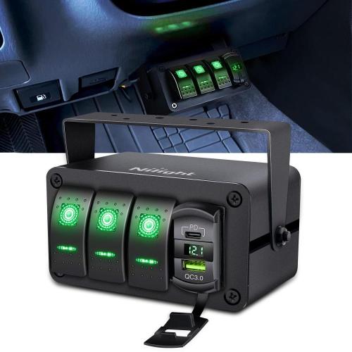 Nilight 3 Gang Rocker Switch Box 12V SPST ON Off Toggle Switches PD Type C and QC USB Charger Voltmeter LED Light Waterproof Aluminum Mount Bracket Panel DIY Stickers for Boat Car RV Truck