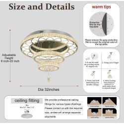 Flashing God Dia 32" Modern Crystal Chandelier Crystal Silver Ceiling Light Fixtures LED Flush Mount Ceiling Light for Living Room Bedrooms Dining Room Dimmable 2700k 4500k 6000k