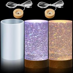 Honoson 3 Pieces Cylinder Light Resin Silicone Mold Set, Include Resin Mold and USB Powered Wooden Lighted Base Stand for DIY Table Candle Desktop Lamp Ornaments(2.5 x 4 Inches)