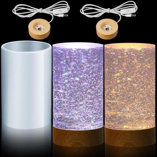 Honoson 3 Pieces Cylinder Light Resin Silicone Mold Set, Include Resin Mold and USB Powered Wooden Lighted Base Stand for DIY Table Candle Desktop Lamp Ornaments(2.5 x 4 Inches)