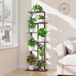 [7 Tiered | Metal] 7 Tiered Metal 59" Tall Plant Stand with Grow Light Indoor | Corner Shelves, Pot Rack, Full Spectrum Growth Lamp | for Living Room, Patio, Bedroom, Balcony Decor, Brown, S-Shaped Flower Display Stand