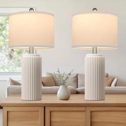 [Ceramic Table Lamps] 2 Modern Ceramic Table Lamps | Set of 23.5in Lamps for Living Room, Farmhouse Vintage Bedside Table Lamps with White Linen Shade, Rustic Bedroom Ceramic Lamps for Nightstand Home Office End Table Dorm
