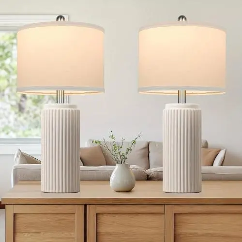 [Ceramic Table Lamps] 2 Modern Ceramic Table Lamps | Set of 23.5in Lamps for Living Room, Farmhouse Vintage Bedside Table Lamps with White Linen Shade, Rustic Bedroom Ceramic Lamps for Nightstand Home Office End Table Dorm