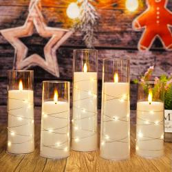 Kakoya Flameless Candle Battery Operated, 5 Acrylic Flickering LED Candles With Remote Control, Flameless Pillar Candle With Embedded Star String, Home Decor Halloween Christmas Ambience Wedding Decoration, Home Decorationakoy