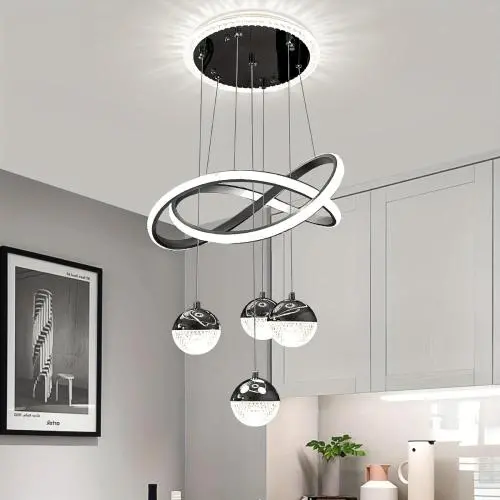 Modern Black LED Chandeliers, Dimmable 3-Color Kitchen Island Pendant Light For Dining Room, Bedroom, Living Room, Contemporary Hanging Ceiling Light, Linear Island Lamp
