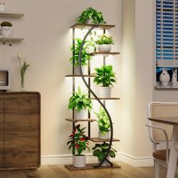[7 Tiered | Metal] 7 Tiered Metal 59" Tall Plant Stand with Grow Light Indoor | Corner Shelves, Pot Rack, Full Spectrum Growth Lamp | for Living Room, Patio, Bedroom, Balcony Decor, Brown, S-Shaped Flower Display Stand