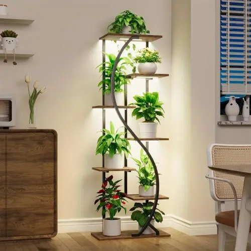 [7 Tiered | Metal] 7 Tiered Metal 59" Tall Plant Stand with Grow Light Indoor | Corner Shelves, Pot Rack, Full Spectrum Growth Lamp | for Living Room, Patio, Bedroom, Balcony Decor, Brown, S-Shaped Flower Display Stand