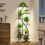 [7 Tiered | Metal] 7 Tiered Metal 59" Tall Plant Stand with Grow Light Indoor | Corner Shelves, Pot Rack, Full Spectrum Growth Lamp | for Living Room, Patio, Bedroom, Balcony Decor, Brown, S-Shaped Flower Display Stand