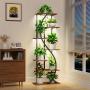 [7 Tiered | Metal] 7 Tiered Metal 59" Tall Plant Stand with Grow Light Indoor | Corner Shelves, Pot Rack, Full Spectrum Growth Lamp | for Living Room, Patio, Bedroom, Balcony Decor, Brown, S-Shaped Flower Display Stand