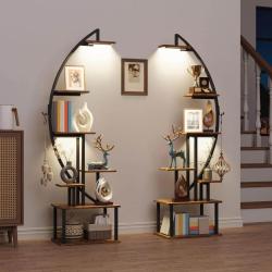 2pcs Multi-functional Metal Bookshelf With Lights - 7 Tiered, 65' Black & Brown Wood Bookcase for Living Room, Study, Bedroom | Great Gift for Home Decor