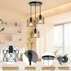 Adjustable Black 3-Light Vintage Industrial Ceiling Fixture - Matte Metal Finish, Geometric Pendant Light with E27 Base - Ideal for Kitchen, Dining Room, Hallway (Bulbs Not Included), Kitchen Decor