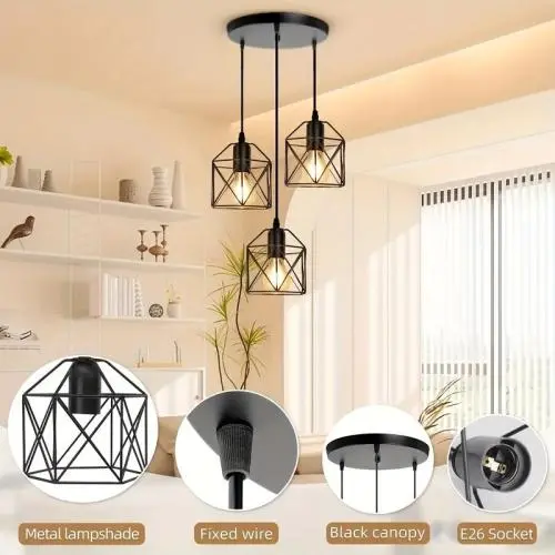 Adjustable Black 3-Light Vintage Industrial Ceiling Fixture - Matte Metal Finish, Geometric Pendant Light with E27 Base - Ideal for Kitchen, Dining Room, Hallway (Bulbs Not Included), Kitchen Decor