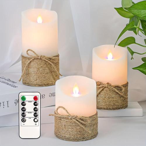 3pcs set, no fire candles, flashing LED pillar candles with remote control and timer, battery powered and real wax white candle with hemp rope, suitable for ocean, home bedroom decoration 3pcs set, no fire candles, flashing LED pillar candles with remote control and timer, battery powered and real wax white candle with hemp rope, suitable for ocean, home bedroom decoration