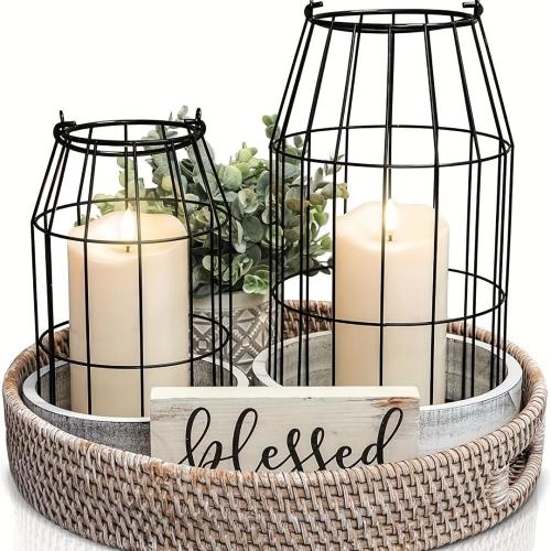 Country Farmhouse Lantern Set of 2 - Stylish Decorative Lanterns for Living Room, Mantel, or Kitchen Dining Table - Modern High-End Decoration Suitable for Giving Gifts on Mother's Day