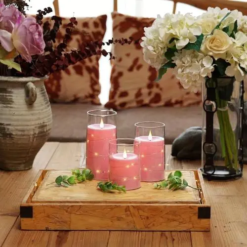 3pcs Pink Flickering Flameless LED Candles | Battery Operated | Romantic | Home Decor, Christmas, Weddings, Valentine’s Day, Parties | Lightweight & Sturdy Design, Includes Remote, Clear Plexiglass Shell