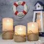 3pcs set, no fire candles, flashing LED pillar candles with remote control and timer, battery powered and real wax white candle with hemp rope, suitable for ocean, home bedroom decoration