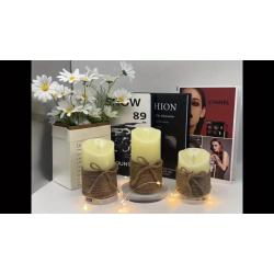 3pcs set, no fire candles, flashing LED pillar candles with remote control and timer, battery powered and real wax white candle with hemp rope, suitable for ocean, home bedroom decoration