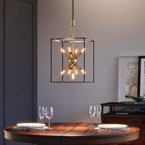 9-Light Chandelier, Adjustable Height Lantern Pendant Light with Black and Brass Finish, Metal Light Fixture for Dining & Living Room, Foyer, Bedroom, Kitchen Island and Entryway