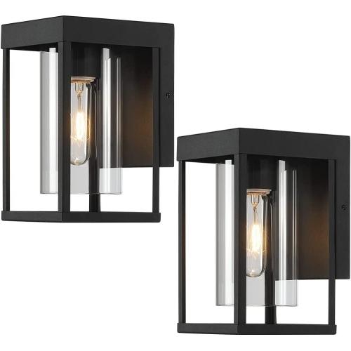 2-Pack Black Outdoor Wall Light Fixtures, Exterior Waterproof Wall Lantern Sconce , 9"H Outdoor Porch Light Wall Mount with Clear Glass Shade