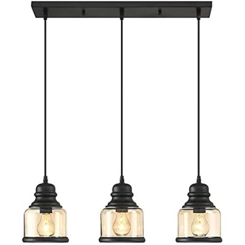 MOTINI 3-Light Linear Glass Pendant Light for Kitchen Island Hanging Lighting Fixture Chandelier for Dining Room, Black and Amber Glass Shade