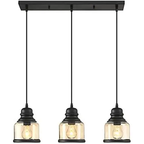 MOTINI 3-Light Linear Glass Pendant Light for Kitchen Island Hanging Lighting Fixture Chandelier for Dining Room, Black and Amber Glass Shade