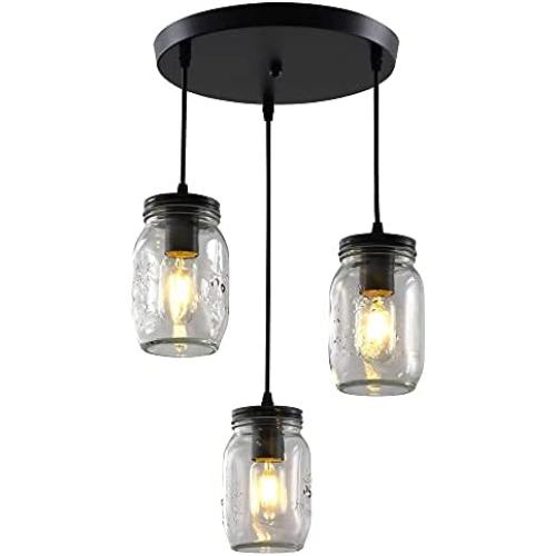 3 Lights Farmhouse Mason Jar Chandeliers Ceiling Light Fixture with Glass Shade,Black Semi Flush Mount Ceiling Hanging Light Adjustable Chandelier for Kitchen Island Dining Room Living Room