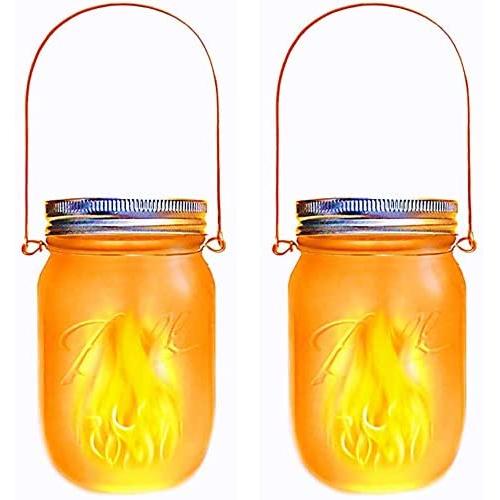 Solar Mason Jar Lights,2 Pack LED Flickering Flame Effect Light,Solar Lanterns for Outdoor Patio Party Garden Wedding Christmas Decor Lights(Mason Jars/Handles Included)