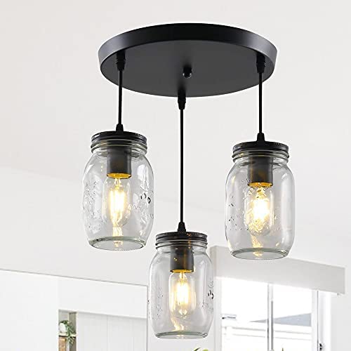 YIINO 3 Lights Mason Jar Pendant Lighting for Kitchen Island, Black Retro Metal Glass Chandelier Light Fixture, Industrial Adjustable Hanging Light Fixture for Dining Room, Foyer, Bar, Cafe