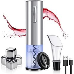 Electric Wine Opener, Rechargeable Automatic Corkscrew Wine Bottle Opener Set, w/4 Chilling Ice Cubes, Wine Pourer, Foil Cutter, Stainless Steel