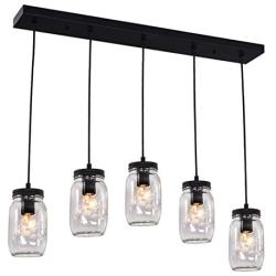 Mason jar Pendant 5 Lights，Kitchen Island Lighting Mason jar Light Fixtures ,Wellmet Farmhouse Chandelier Can be Installed in The Kitchen, Bar Counter（Black）