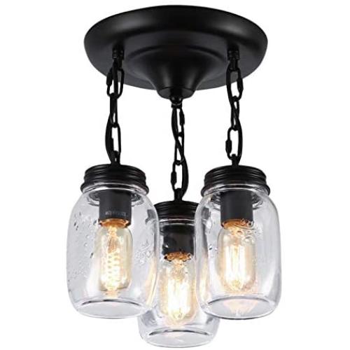 3-Light Ceiling Light Fixtures Farmhouse Semi Flush Mount Ceiling Light Clear Seeded Glass Shade Mason Jar Light Pendant Lighting for Hallway Kitchen-E26