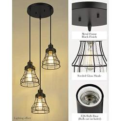 Industrial Pendant Light VICNIE 3-Lights Metal Caged Vintage Hanging Light Fixtures with Seeded Glass Lampshade for Dining Living Room Kitchen