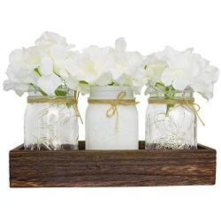 Fowecelt Mason Jar Lights Centerpiece Decorative Wood Tray with Artificial Flowers, Rustic Country Farmhouse Home Decor for Herb Plants Coffee Table Dining Room Living Room Kitchen Garden