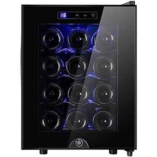 12 Bottle Wine Cooler Refrigerator,Wine Fridge Freestanding with Lock & Digital Temperature Control Fridge Glass Door,Mini Wine Cabinet for Red, White, Champagne or Sparkling